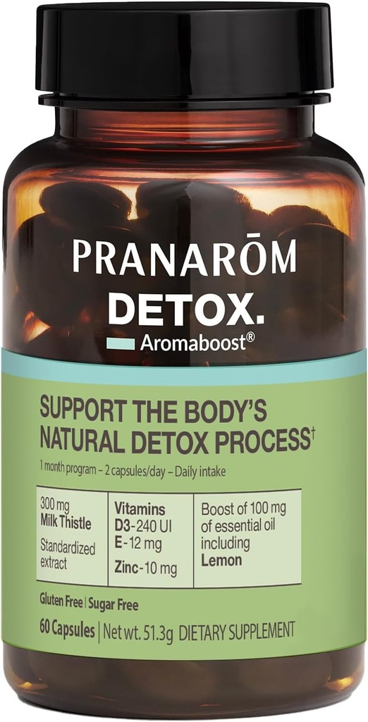 Pranarom - Supplément de détox aromaboost - Elimine les toxines et les égouts Le corps - Thistle de lait et zinc - Vitamines D3 et E - Huile essentielle de citron - 60 Compte