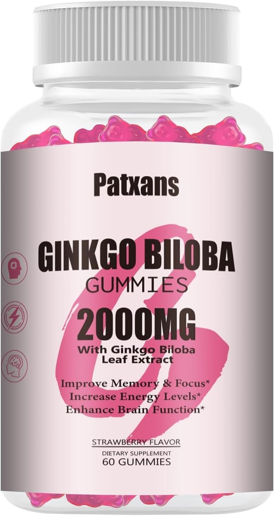 1 Pack 2000mg Ginkgo Biloba Gummies - Ginkgo Biloba Ergänzungen für Gehirn-Gesundheit Unterstützung, Verbesserung Mood und Fokus, Energie, Erwachsene, Erdbeer Flavor, 60 Zähler