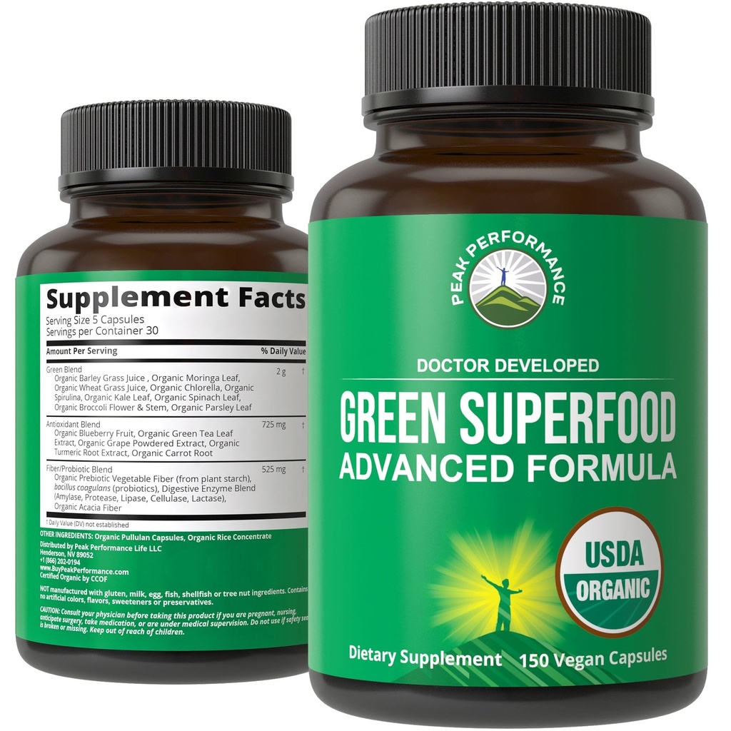 Organic Super Greens 150 Capsules - Green Juice Superfood Supplement with 25 All Natural Organic Ingredients. Max Energy and Detox Super Food Pills with Spirulina, Spinach, Kale, Turmeric, Probiotics