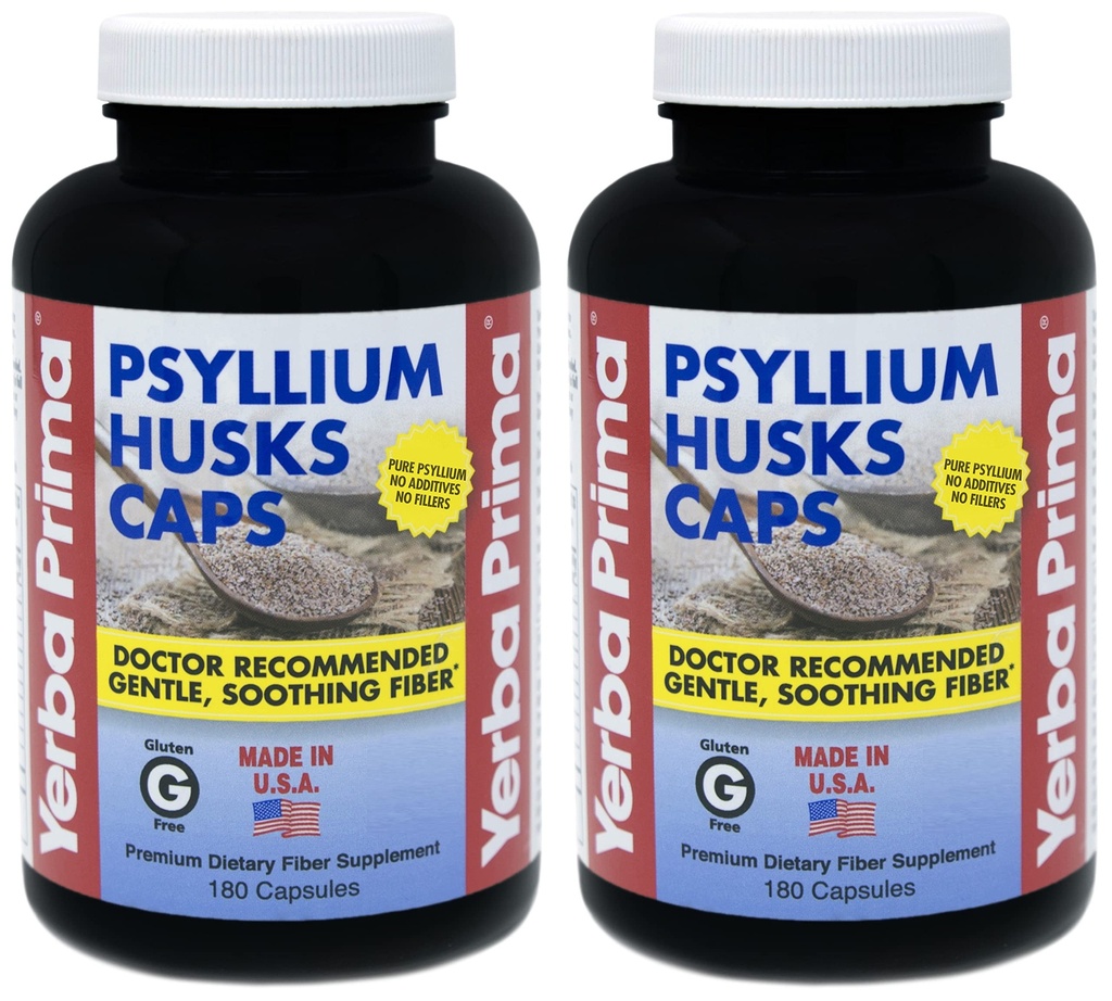 Yerba Prima Psyllium Husk Caps - 180 Capsules (Pack von 2) - Einfache Faserergänzung - Colon Cleanse - Gut Health - Non-GMO Gluten Kostenlos