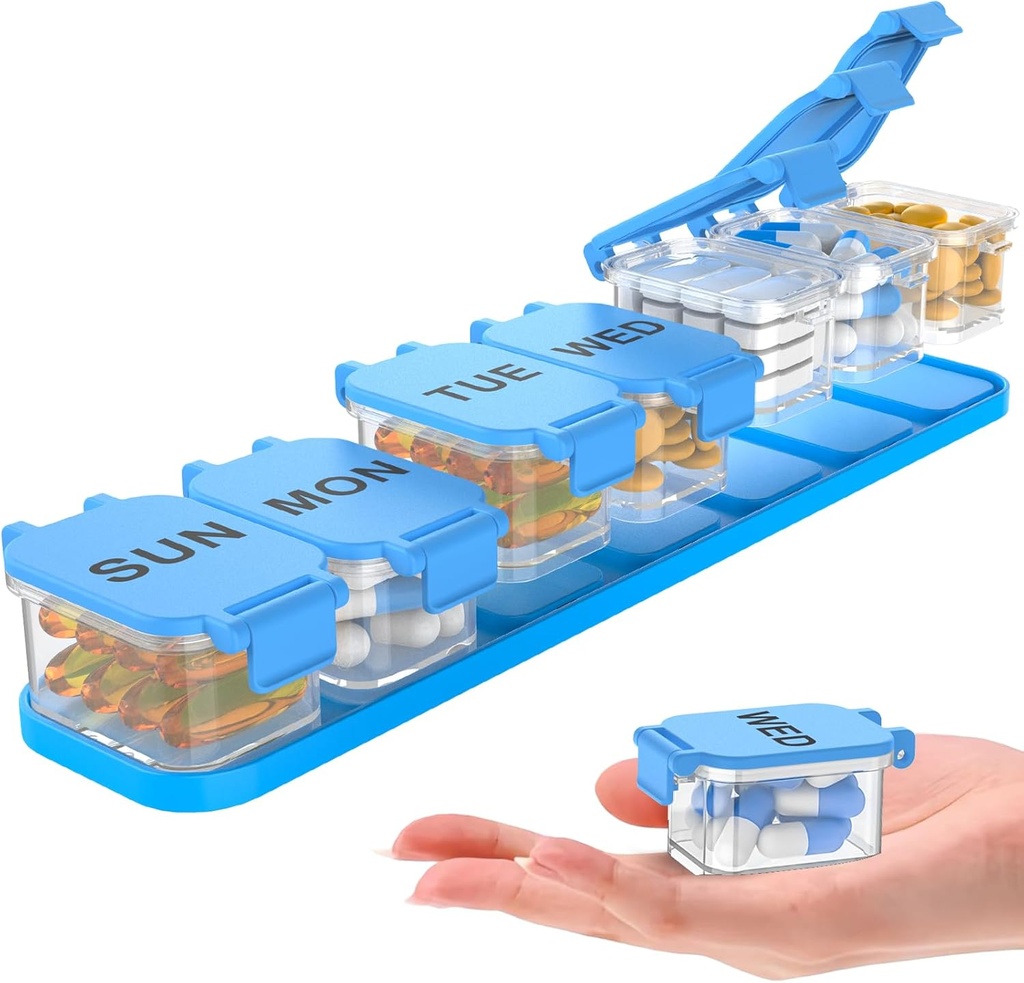 Extra Large Weekly Pill Organizer - Waterproof 7-Day Pill Box, Portable Vitamin & Supplement Case, Easy to Open Design, Ideal for Travel a nd Daily Medication Management (Blue)