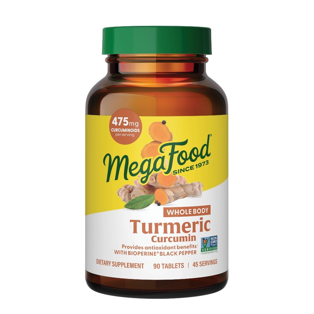 MegaFood Ganzkörper Turmeric Curcumin Supplement - Kurkuma Supplement mit schwarzem Pfeffer & Vitamin C - 475 mg Curcuminoide pro Servierung - Antioxidans & Immununterstützung - Vegan - 90 Tabletten, 45 Servietten