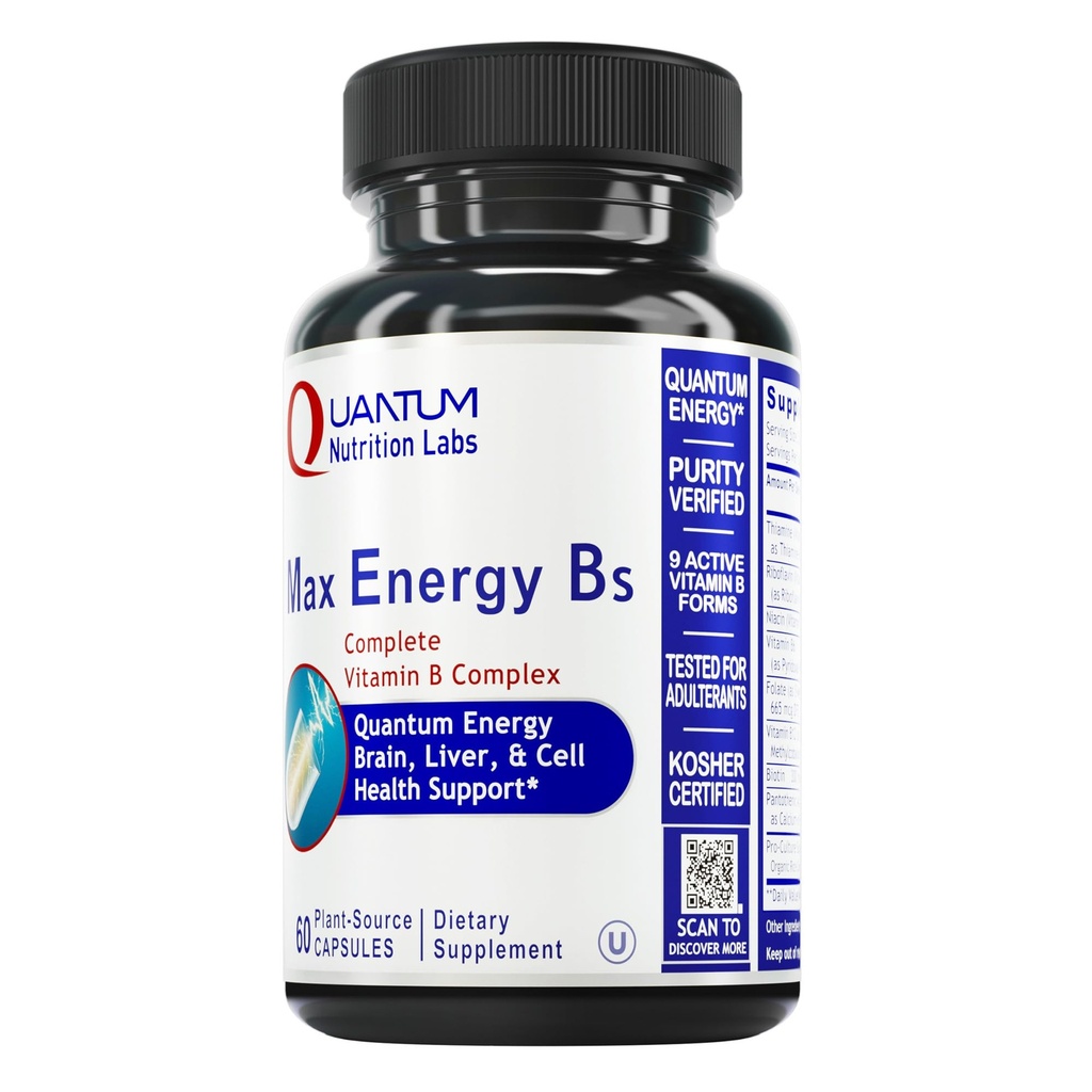 Quantum Nutrition Labs Max Energy Bs - Vitamin B Complex, Methylierte B Complex Vitamine mit Vitamin B1, B6, B12, Thiamin, Folate und Biotin - 60 vegetarische Kapseln
