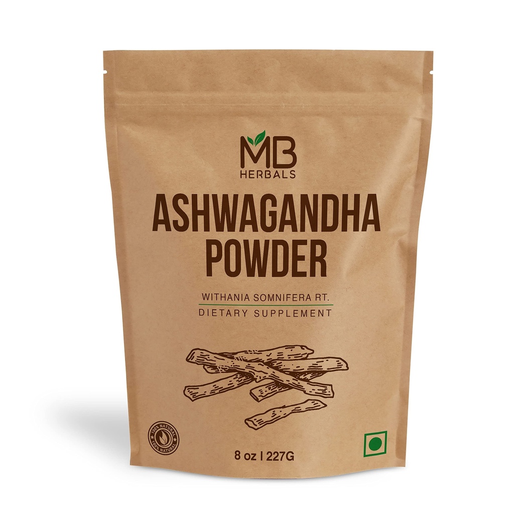 MB Herbals Ashwagandha Polvere 8oz (0.5lb) | Lab Tested | Ginseng indiano | Withania somnifera Root Powder