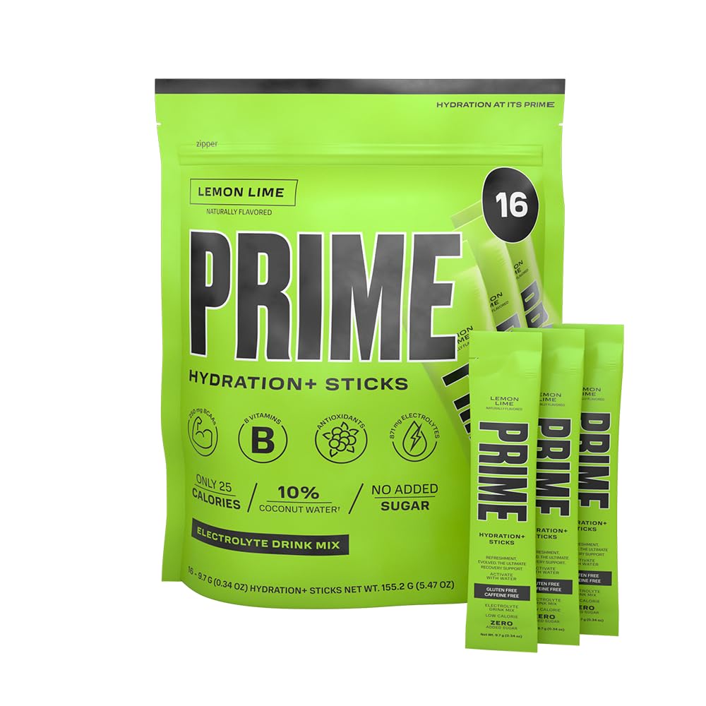 PRIME HYDRATION+ Sticks Lemon Lime | Hydration Pulver Single Serve Sticks | Elektrolyt Pulver auf dem Go | Low Sugar | Caffeine-Free | Vegan | 16 Sticks