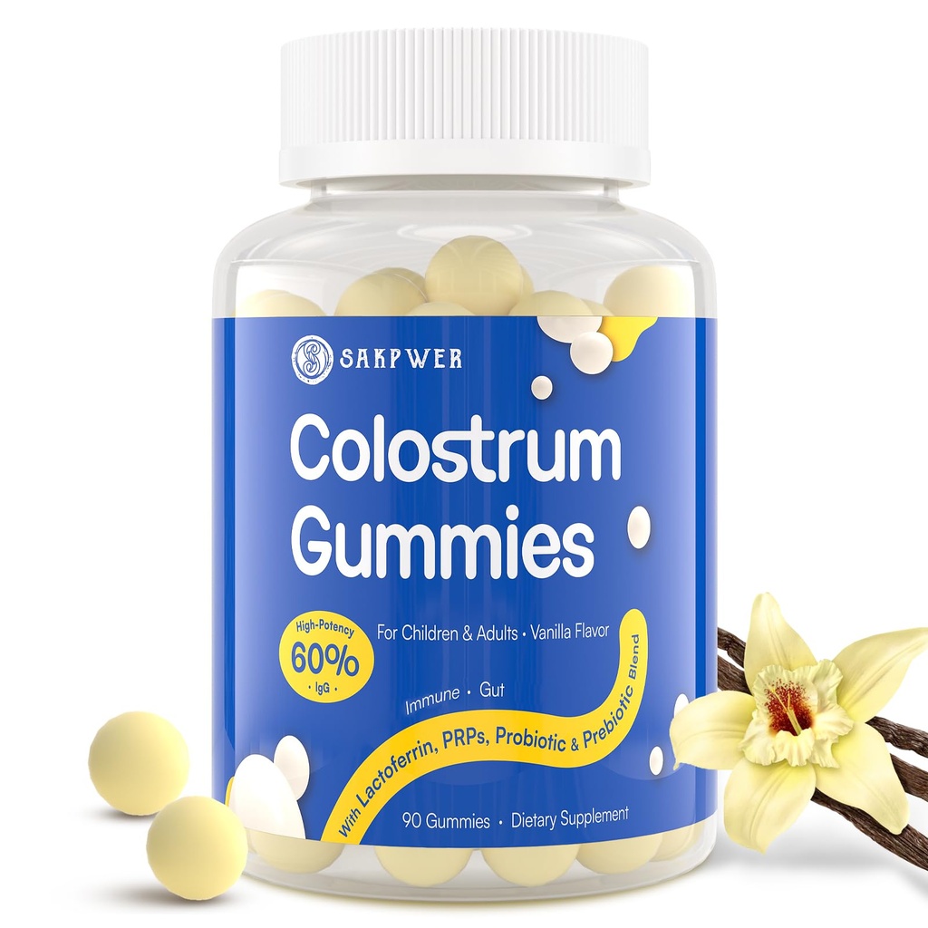 Bovine Colostrum Supplement Gummis - mit 60% Höchste IgG, Lactoferrin, Probiotika und Präbiotika für Erwachsene und Kinder, Vanilla Flavor & Sugar Free, 90 Gummis