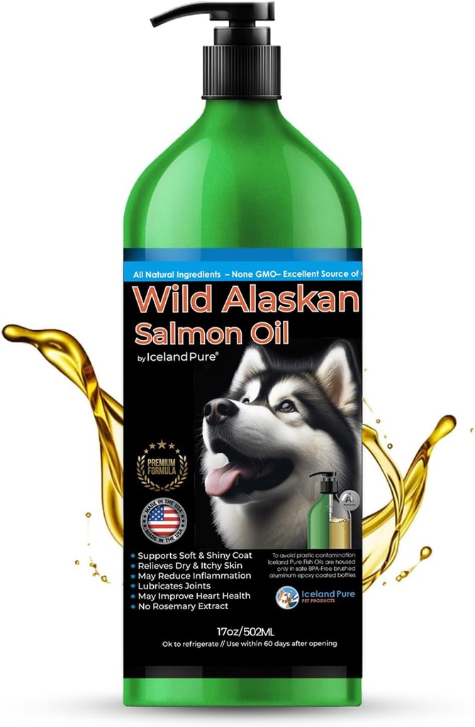 Huile de saumon sauvage de l'Alaska pour chiens et chats par l'Islande Pure de 1 043 mg d'Oméga-3 par teaspoon de saumon huile et mélange de Pollock de saumon sans BPA bouteille en aluminium époxy avec pompe - 17 oz