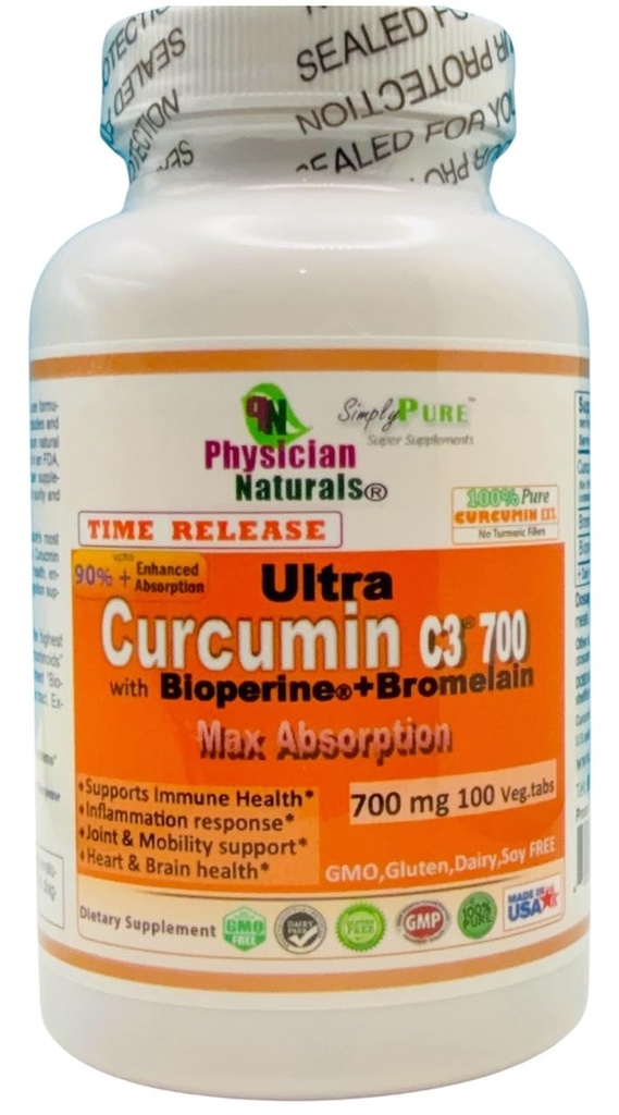 Ultra Curcumin C3 Time Release w Bioperine und Bromelain Time Release 700mg 100 Veg.tabs Max Absorption