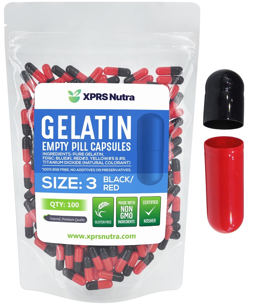 XPRS Nutra Size 3 capsule vuote - 100 Conta capsule Gelatina Vuota - Pillole Riempimento capsula fai da te - Pure Bovine Pill Gel Caps Fillable for Do-It-Yourself Vitamins and Supplements (nero/rosso)