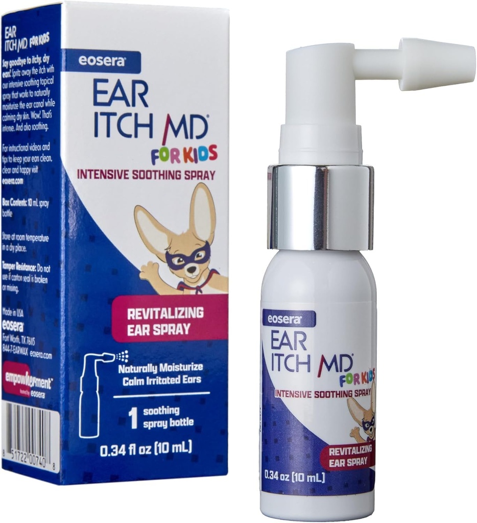 eosera® Ear Itch MD® für Kinder – Beruhigende Ohrentropfen für trockene, juckende Ohren – Natürliche, feuchtigkeitsspendende Formel mit Vitamin E – Relief für Allergien, Eczema, Dermatitis – Sicher für Alter 2+ &amp; Hörgerät Anwender