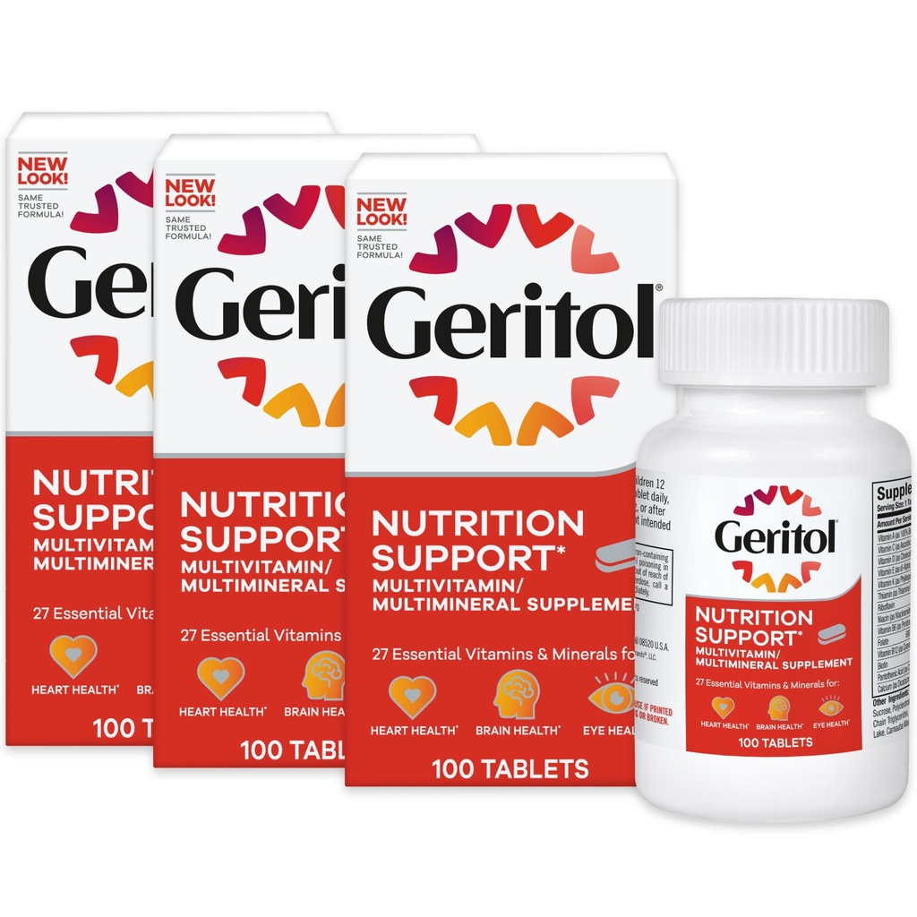 Geritolo, Integratore Multivitaminico, Contiene B-Vitamina, Antiossidanti, Vitamine C, E & D e Ferro, 27 Vitamine e Minerali Essenziali, Senza Glutine, Non OGM, Senza Dolci Artificiali, 100 Compresse, 3 Confezione