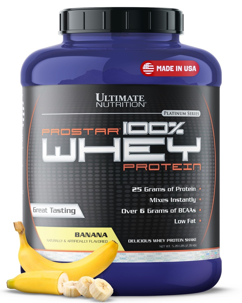 Ultimate Nutrition Prostar Whey Protein Powder Isolate, Banana - Low Carb, High Protein Shake für Muskelaufbau & Recovery - Low Sodium, Low-Fat & Keto Friendly - 5,28 lbs Tub