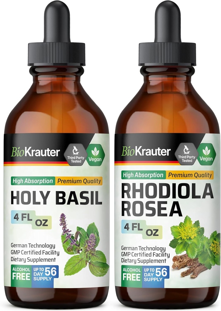 BIO KRAUTER Santo Basilio Tincture 4 Fl. Oz. & Rhodiola Rosea Tincture 4 Fl. Oz.