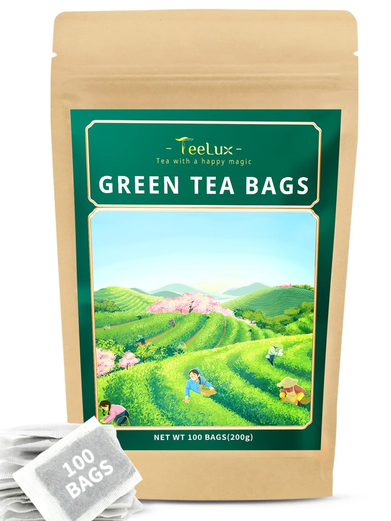 TeeLux Grüner Teebeutel, Natürlicher reiner Grüner Tee, Super Antioxidant, Koffeiniert, 100 Count Teebeutel für die allgemeine Gesundheit