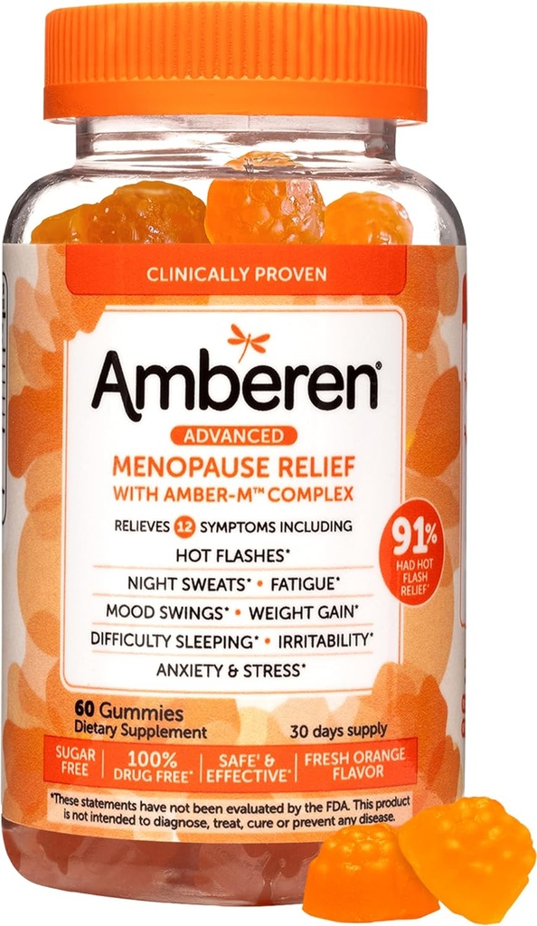 Amberen Menopause Ergänzungen für Frauen, Multi-Symptom Relief, Vitamin E & Unique Amberen Verbindung, hilft Hormon Balance zu unterstützen, Hot Flashes & Nacht Sweats, Zuckerfrei, Orange Flavor, 60 Gummis