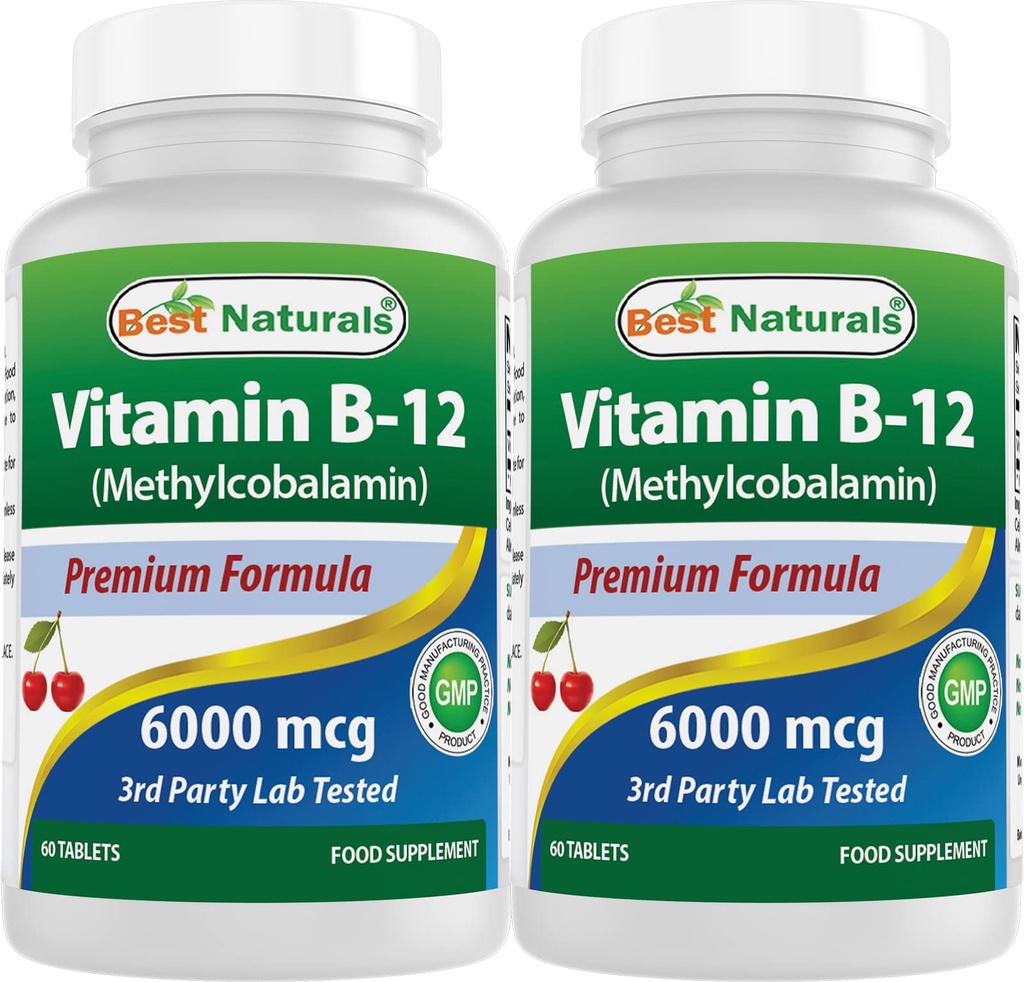 Best Naturals Vitamin B-12 as Methylcobalamin (Methyl B12), 6000 mcg 60 Sublingual Tablets (60 Count (Pack of 2))