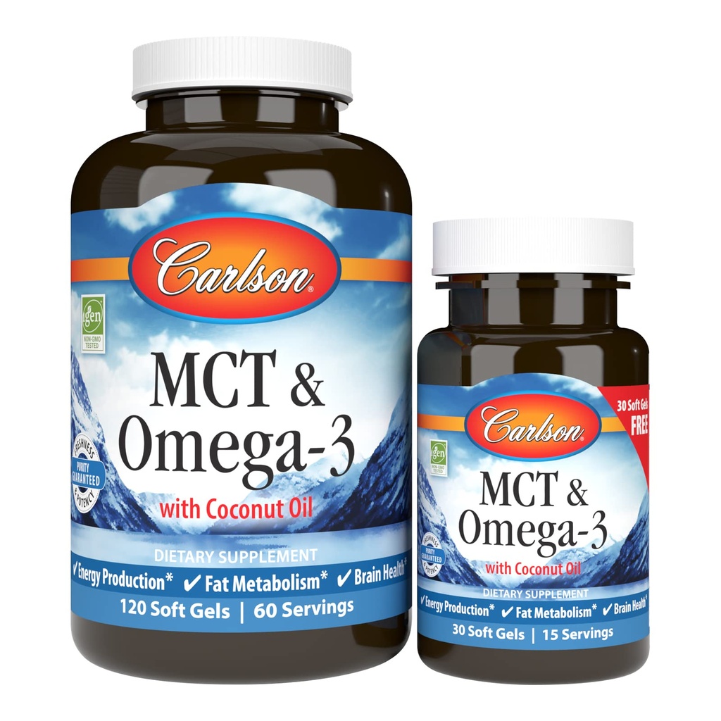 Carlson - MCT & Omega-3, Kokosöl, Caprylic & Capric Acids, EPA & DHA, Energieproduktion, Fettstoff und Gehirngesundheit, 120+30 Softgels
