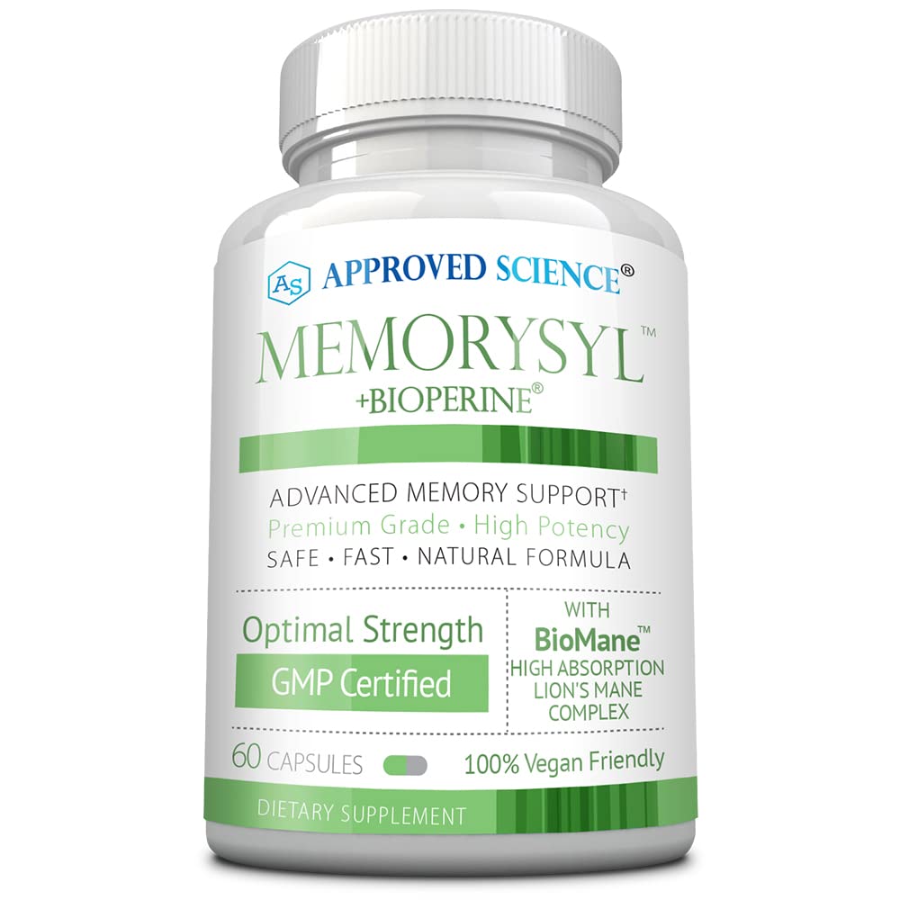 Genehmigte Science MemorySyl - Memory Boosting Supplement - Verbesserung des Fokus und der Konzentration - Schutz gegen kognitive Decline - mit Lion's Mane und BioPerine - 60 Kapseln - Vegan