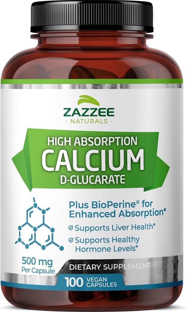 Zazzee Haute Absorption Calcium D-Glucarate, 500 mg par gélule, 3 mg BioPerine pour l'absorption améliorée, 100 Capsules Vegan, Plus Brocoli 10:1 Extrait, 100% Végétarien, CDG, All-Natural et Non-OGM