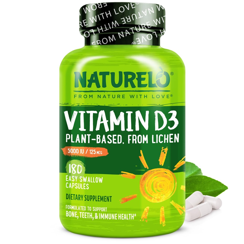 NATURELO Vitamin D - 5000 IU - Plant Based from Lichen - Natural D3 Supplement for Immune System, Bone Support, Joint Health - High Potency - Vegan - Non-GMO - Gluten Free - 180 Capsules
