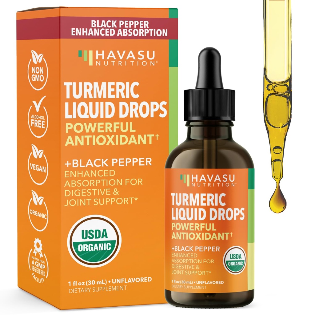 USDA Organic Turmeric Liquid Tropfen mit schwarzem Pfeffer - 1000mg Curcumin Ergänzung für Immun- & Verdauungs-Gesundheit - 30 Servierungen - Verbesserte Absorption - Non-GMO, Vegan, Glutenfrei - Entflammt, 1 Fl Oz