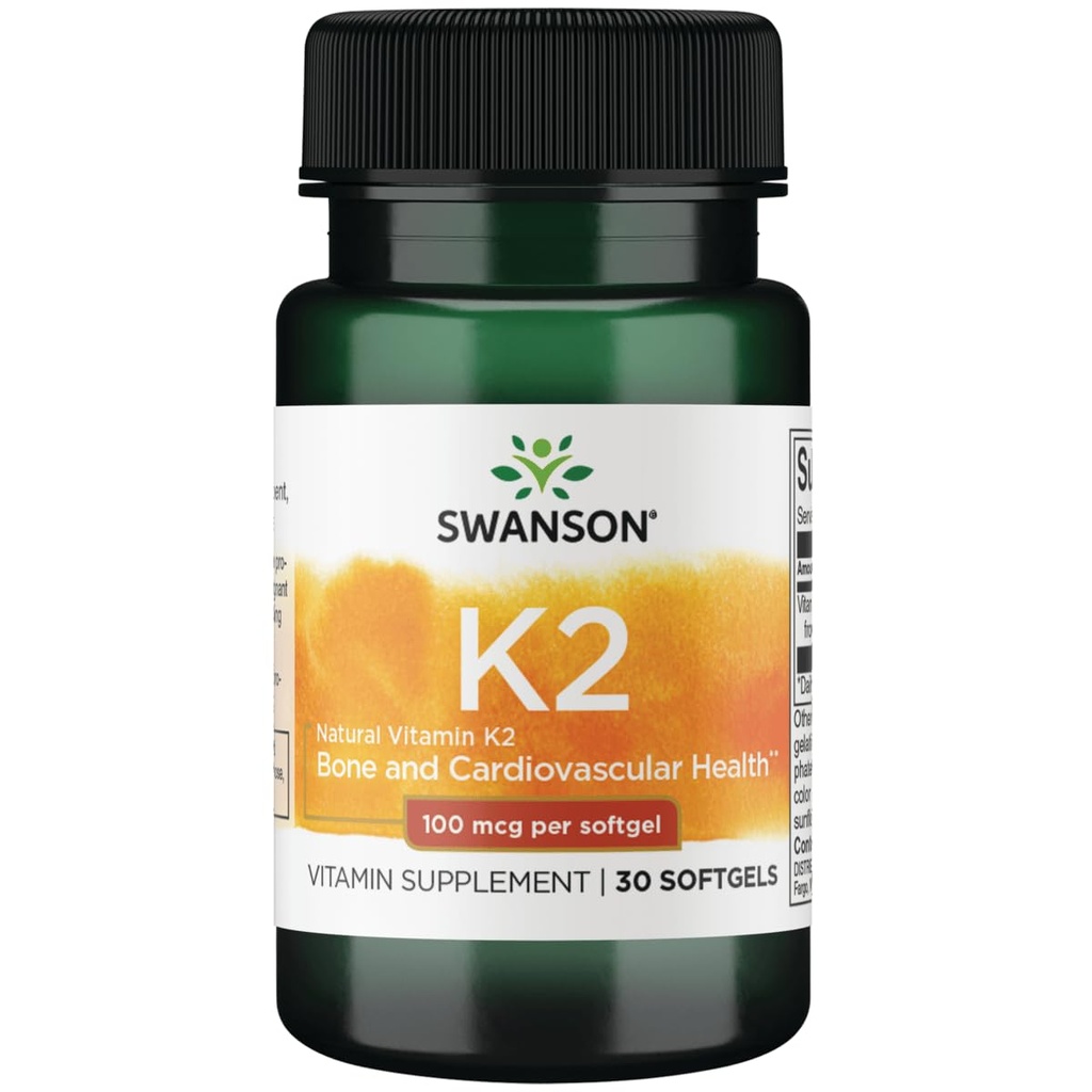 Swanson Vitamin K2 (Menaquinone-7) - Vitamin Supplement Supporting Cardiovascular and Bone Health - Made from Japanese Natto to Help Regulate Calcium - (30 Softgels, 100mcg Each)