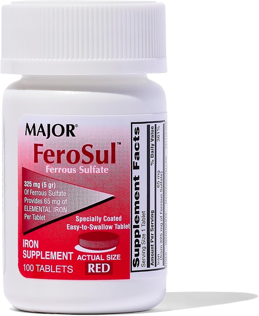 Major Ferosul - Ferrous Sulfate 325mg Tablets with 65mg of Elemental Iron - Iron Supplement for Women, Men - Red - 100 Count