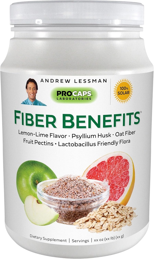 ANDREW LESSMAN Fiber Benefits Powder 120 Servierungen - Lemon-Lime, Sanfte, natürliche lösliche/unlösliche Faser, fördert Regularität, Reinigung. Psyllium Husk, Hafer, Apfel, Grapefruit, Guar Gum, Probiotika