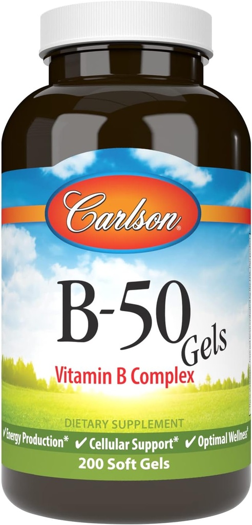 Carlson - B-50 Gels, Vitamin B Complex, Energieproduktion, Zellunterstützung & Optimale Wellness, 200 Softgels