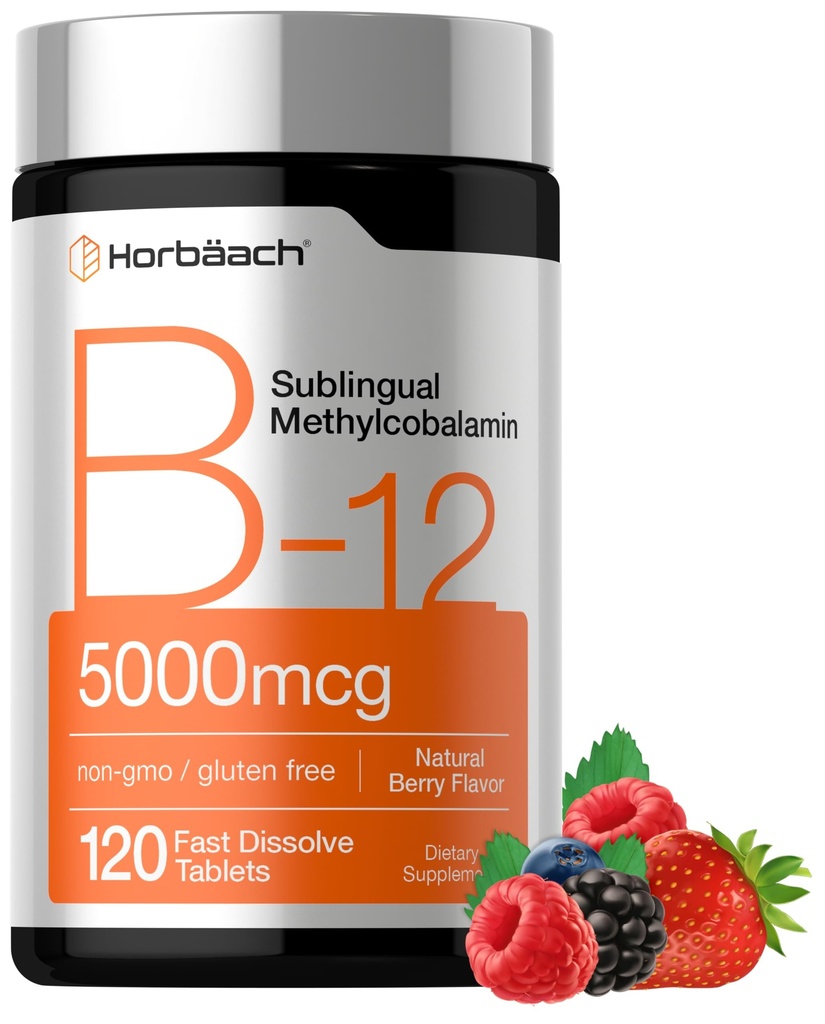 Horbäach B12 Vitamin 5000 mcg | 120 Fast Dissolve Tablets | Sublingual Methylcobalamin | Vegetarisch, Non-GMO & Gluten kostenlose Ergänzung