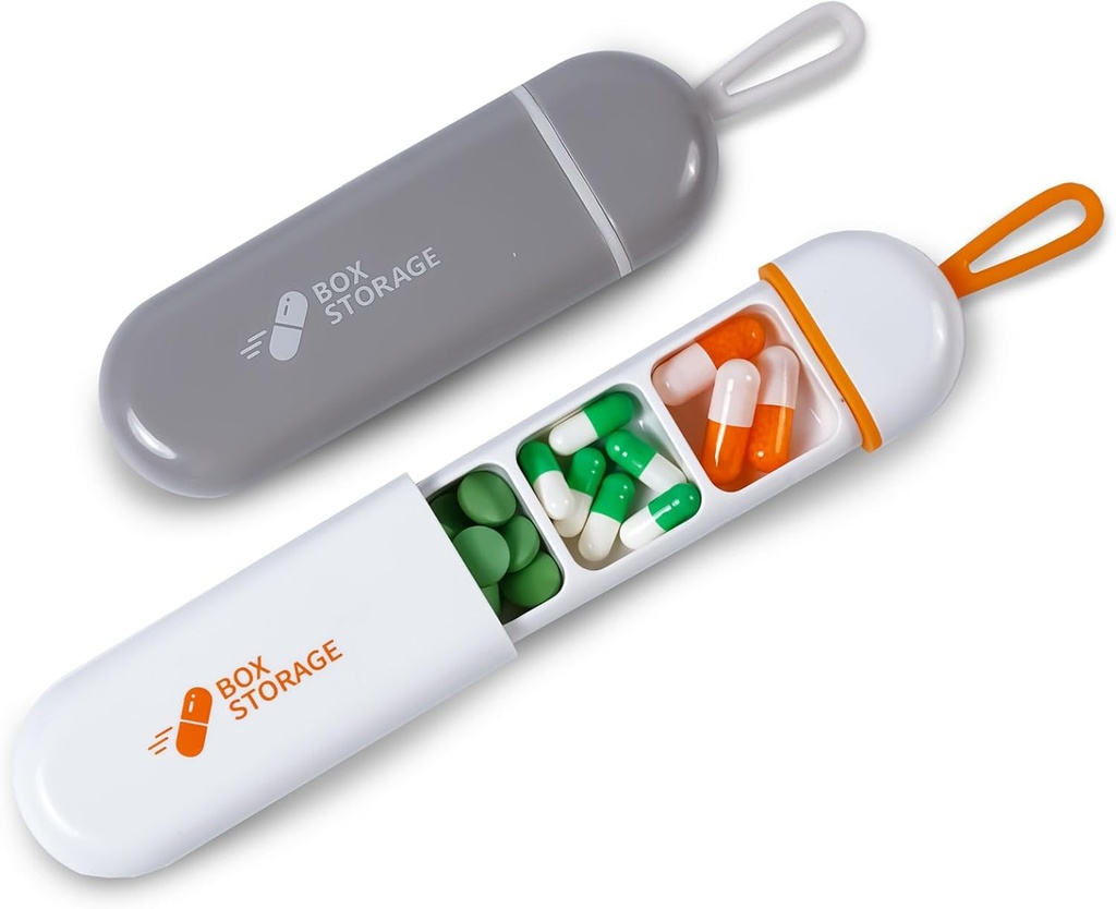 Organisateur de pilules de voyage,Mini Pill Case 3 Compartiments Portable Pill Case, Étanche à l'eau Trousse de cas de médicaments pour les hommes remplis de vitamines Médicaments Huile de poisson Suppléments (blanc/gris)