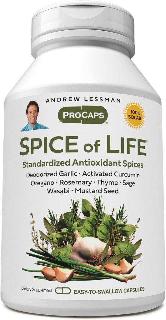 ANDREW LESSMAN Gewürz des Lebens 60 Kapseln - Acht wissenschaftlich begründete Extrakte, Konzentrate. Gesundheitsfördernde Gewürze. Knoblauch, Curcumin, Oregano, Rosmarin, Sage, Thyme, Senf Seed, Wasabi