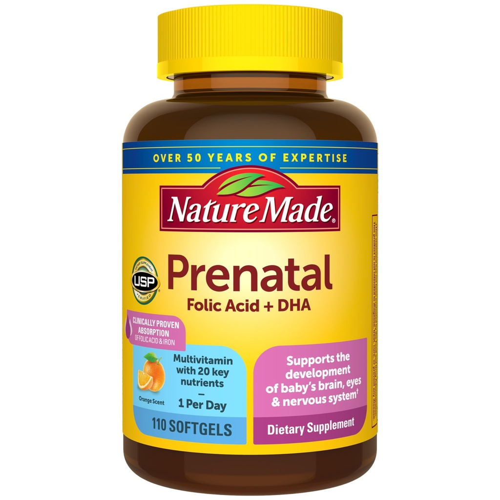 Natura fatta Prenatale con acido folico + DHA, vitamina prenatale e integratore minerale per il supporto nutrizionale giornaliero, 110 Softgels, 110 giorni di alimentazione