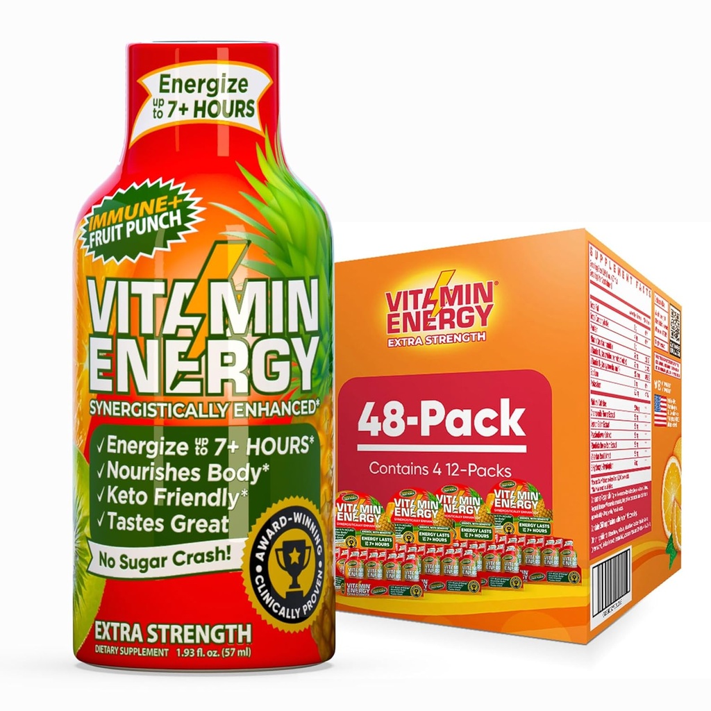 Vitamin Energy Immune+ Extra Strength Energy Shot Fruit Punch 48 Pack, 260mg Natürliche Koffein, B-Vitamine, Citicoline, Grüner Tee, Immunität und Fokus Unterstützung, Zero Sugar, Gluten-Free 1.93 fl oz
