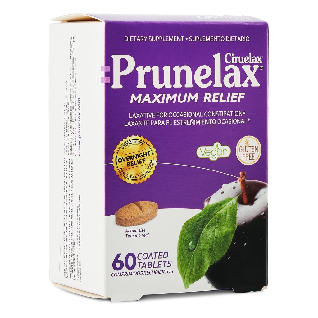 Prunelax Ciruelax Comprimés Laxatifs Maximum Relief avec Senna Naturel pour Constipation Occasionnelle, Extrait de Senna, Vegan & Sans Gluten, Relief de Nuit Douce - 60ct