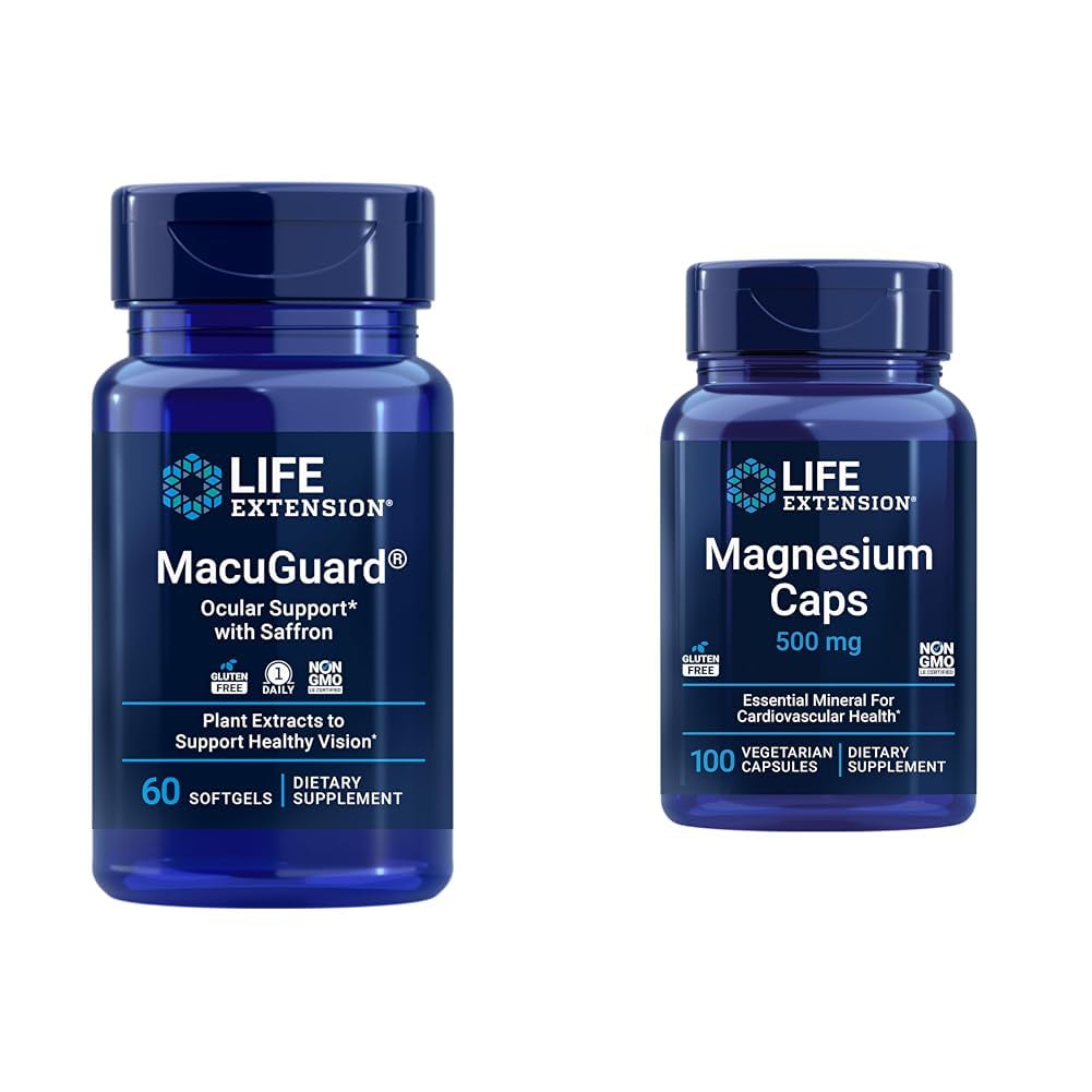 Life Extension MacuGuard Eye Health Supplement mit Magnesium Capsules 500mg - Lutein, Zeaxanthin, Meso-zeaxanthin und Saffron für gesunde Vision - 60 Softgels und 100 vegetarische Kapseln