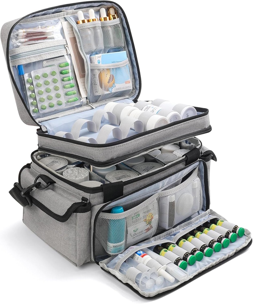 Organisateur de médicaments avec séparateur réglable, entreposage de bouteilles de médicaments à double couche, sac de premiers soins portatif en santé à domicile, boîte d'organisateur de médicaments pour les médicaments d'urgence (uniquement pour les pilules)