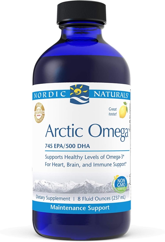 Nordic Naturals Pro Arctic Omega Liquid- Fish Oil, 745 mg EPA, 500 mg DHA, aide à maintenir des niveaux d'oméga-3 sains pour le coeur, le cerveau et le soutien immunitaire, Lemon Flavored, 8 oz