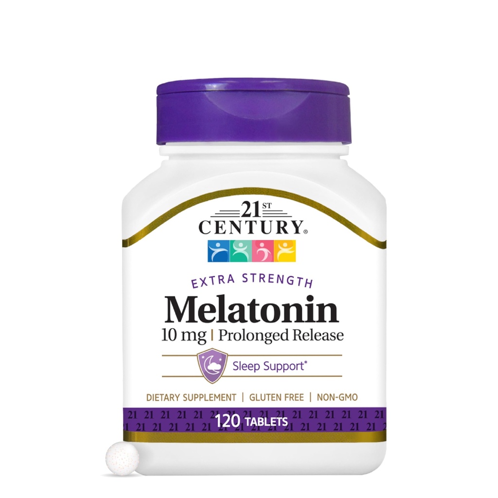 21st Century Melatonin 10mg Extra Strength Tablets, (120 Count), Prolungato Release Sleep Aid per Adulti, Promuove Rilassamento & sonno riposante, Non-Habit Forming, Gluten-Free, Non-OGM