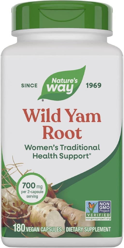 Nature's Way Wild Yam Root, Women's Traditional Health Support*, 700 mg pro 2-Capsule Serving, Non-GMO Project Verified, 180 Vegan Capsules (Packaging May Vary)