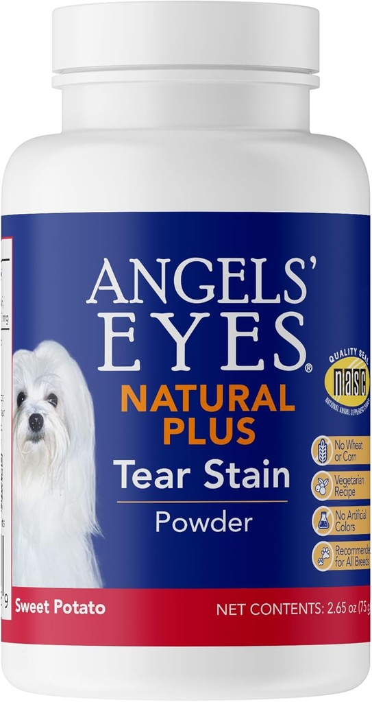 Anges : Yeux Naturels Plus Supplément de Pois Poudre de pomme de terre douce pour chiens, Prévenir la fourrure tachée, Légère, Feuille d'olive, Racine de marshmallow, Pas de blé ou de maïs, Ingrédients limités, Végétarien, 75g