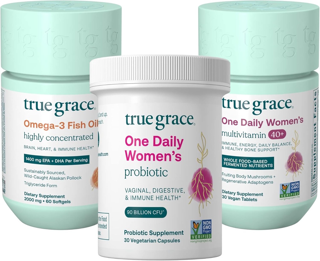 True Grace One Daily Women’s Multivitamin 40+ (30 compresse vegane), Omega-3 Fish Oil (60 Softgels) & One Daily Women’s Probiotic (30 capsule vegetariane) - 30 giorni di alimentazione di ogni