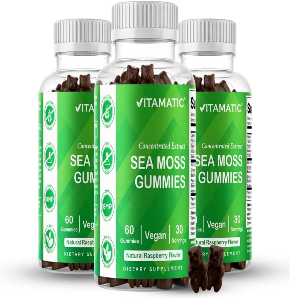 Vitamatic 3 Pack Irish Sea Moss Gummies- 3000mg Äquivalent Per Serving (aus Extrakt 132.5 mg) - 60 Ct - Made with Bladderwrack & Burdock Root - Seamoss Supplement für Schilddrüse, Energie, Immununterstützung