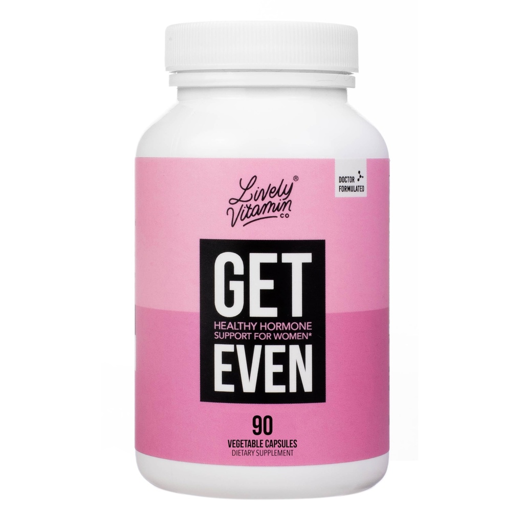 LIVELY VITAMIN CO. Get Even - Women's Hormonal Balance Blend - Helps Reduce Severity of Periods, PMS & Menopause - Eases Cramps & Bloating - Mood Regulation - Period Pain & Discomfort - 90 Count