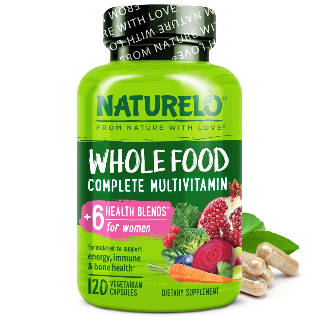 NATURELO Multivitamine d'aliments entiers pour les femmes - avec des vitamines, des minéraux et des extraits organiques - Supplément pour l'énergie et la santé cardiaque - Non OGM - 120 capsules végétaliennes