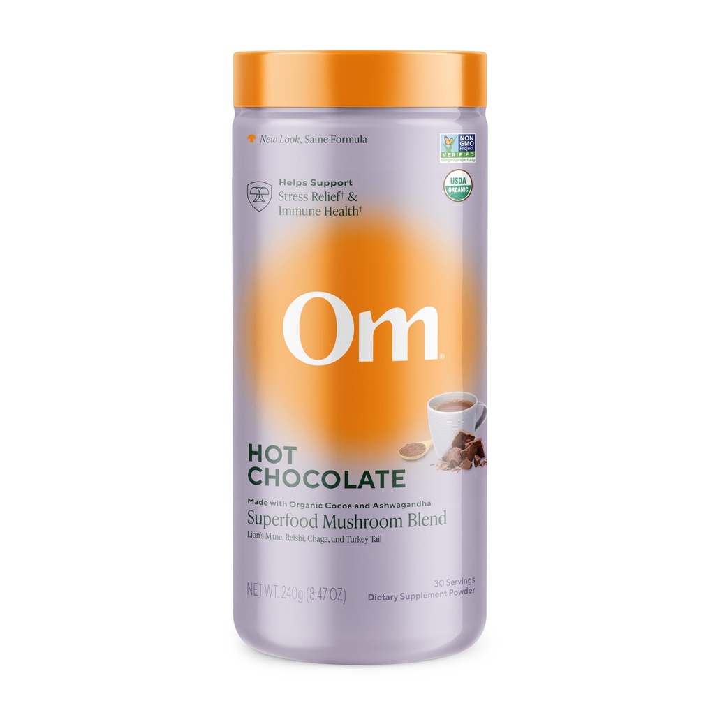 OM MUSHROOM SUPERFOOD Hot Chocolate Blend – Dutch Cocoa mit Lion’s Mane, Reishi, Chaga & Turkey Tail – unterstützt Fokus, Calm & Stress Relief – 2g Zucker, 25 Kalorien – 8.47 Unze Kanister (30 Servierungen)