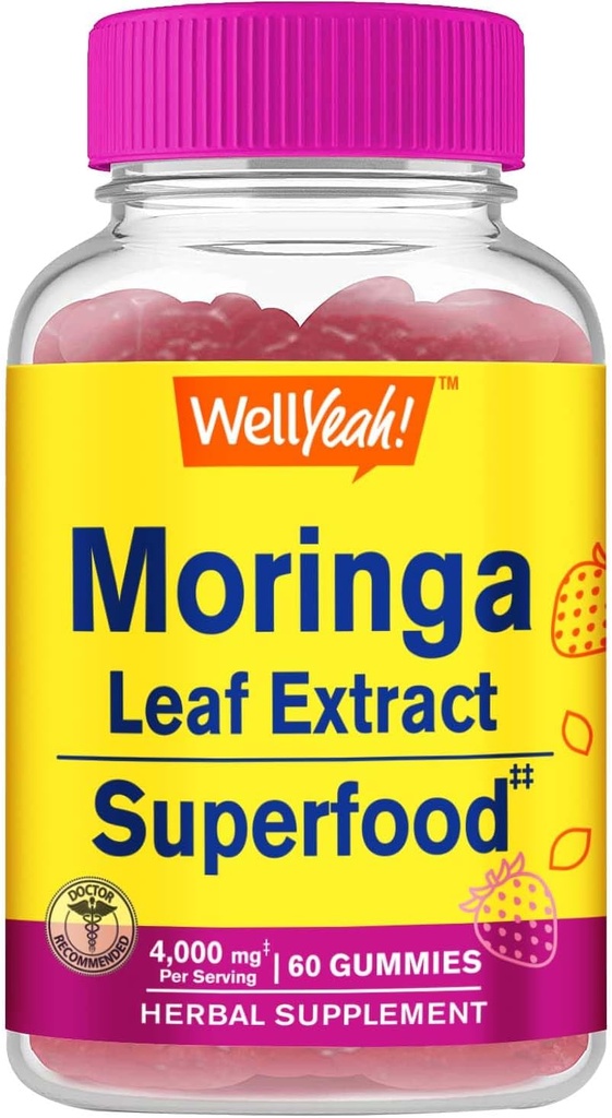 Naja Moringa Blätter Extrakt Gummi (4.000mg) | Antioxidantien und Immununterstützung | Glutenfrei, Non GMO | Erdbeeren Geschmack | 60 Count