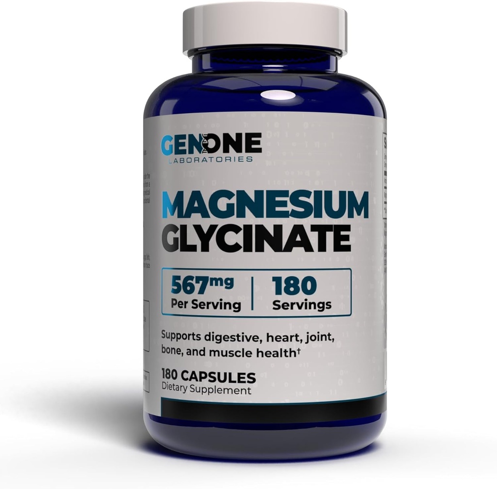 GenOne Magnesium Glycinate Kapseln - Verbesserte Absorption für Knochen & Mental Unterstützung - Gentle on Stomach 567mg per Servieren - 180 Count