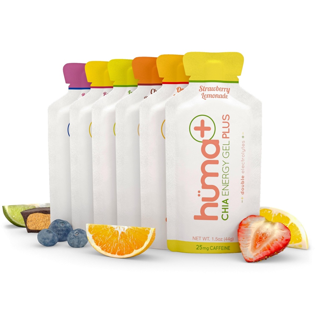 Huma Plus (Double Electrolytes) Chia Energy Gel, Variety Pack, 12 Gels - Stomach Friendly, Real Food Energy Gels