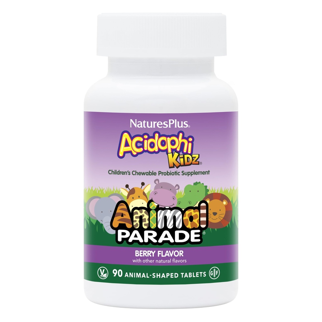 NaturesPlus Animal Parade AcidophiKidz, Berry Flavor - 90 Chewable, Animal-Shaped Tablets - Pack of 2 - mit Probiotics, FOS & Grape Seed - 180 Gesamt Servietten